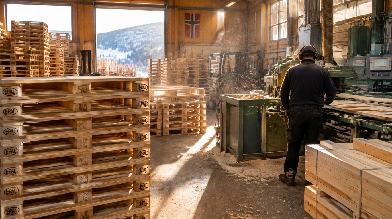 Produksjonshall med stablar av nye trepallar